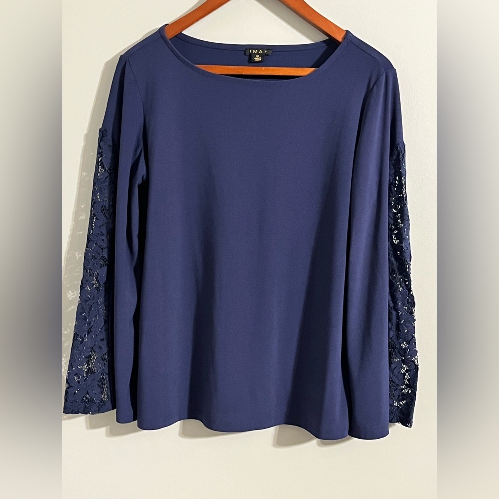 IMAN Women's Navy Top with Lace Sleeves